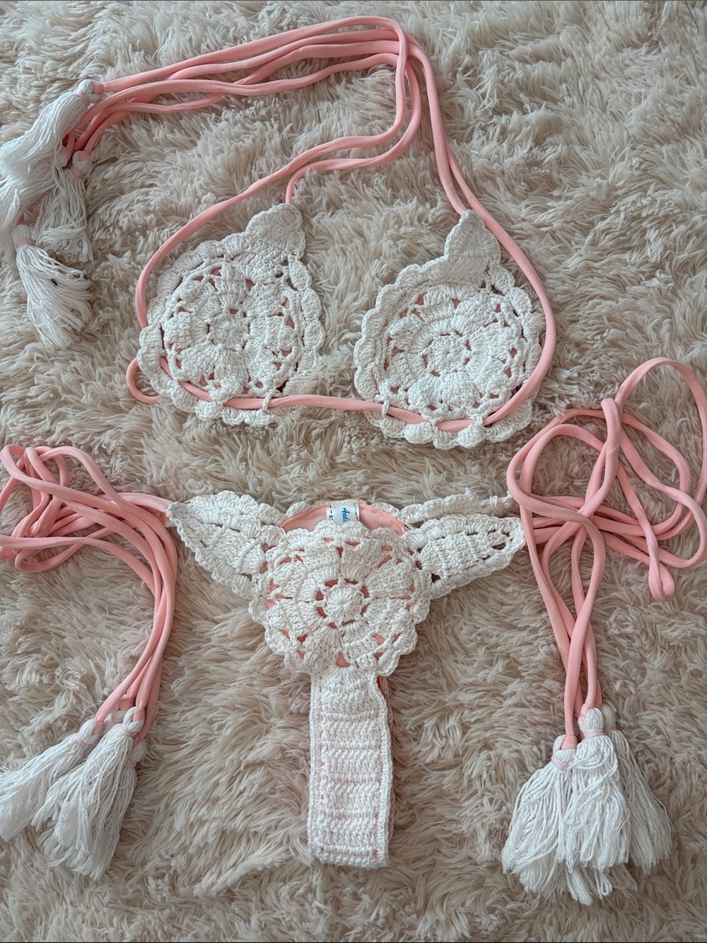 Andi bagus Crochet Two-Piece Bikini Set - White and Pink